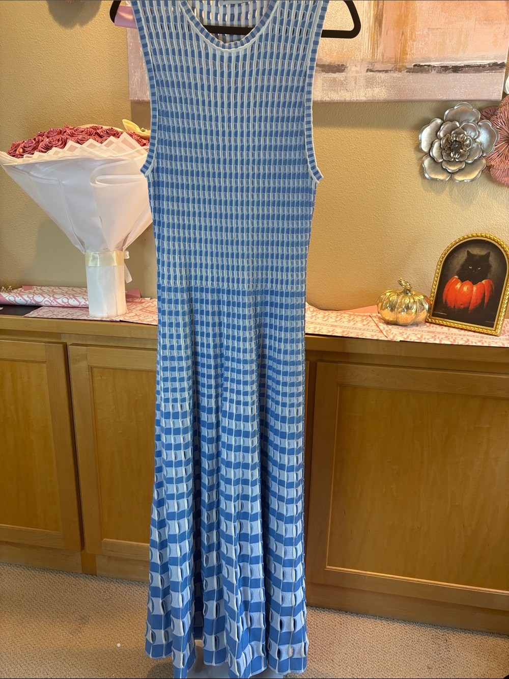 SIMKHAI Zelma Knit Maxi Dress – Blue Hydrangea & White Gingham